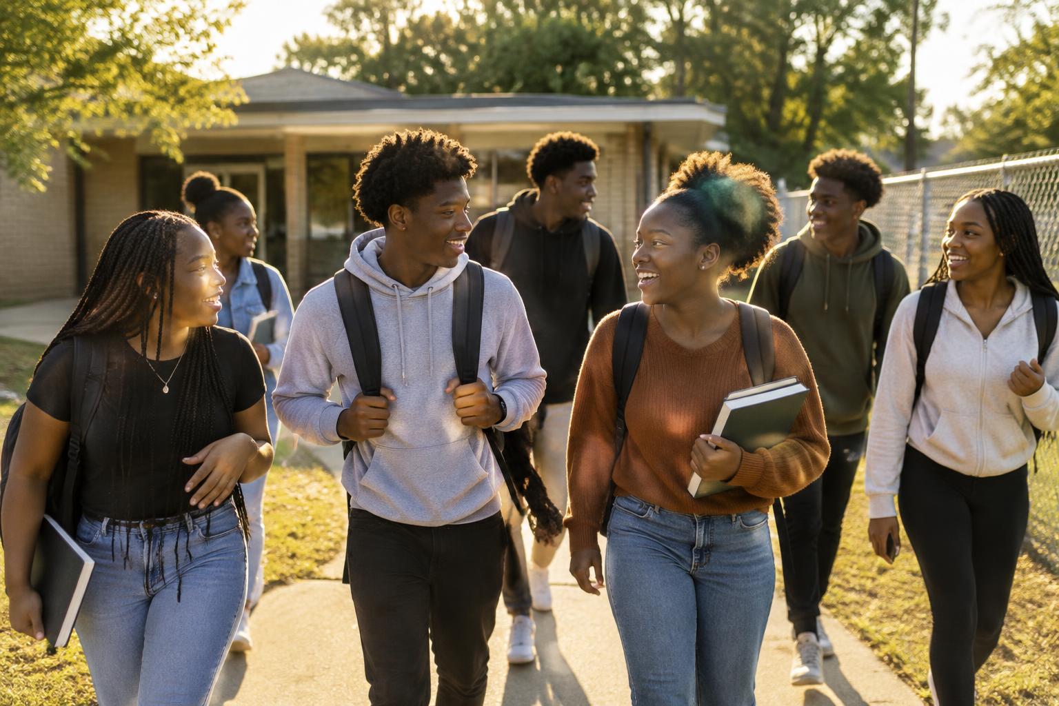 Young people walking together outside a community center in the late afternoon