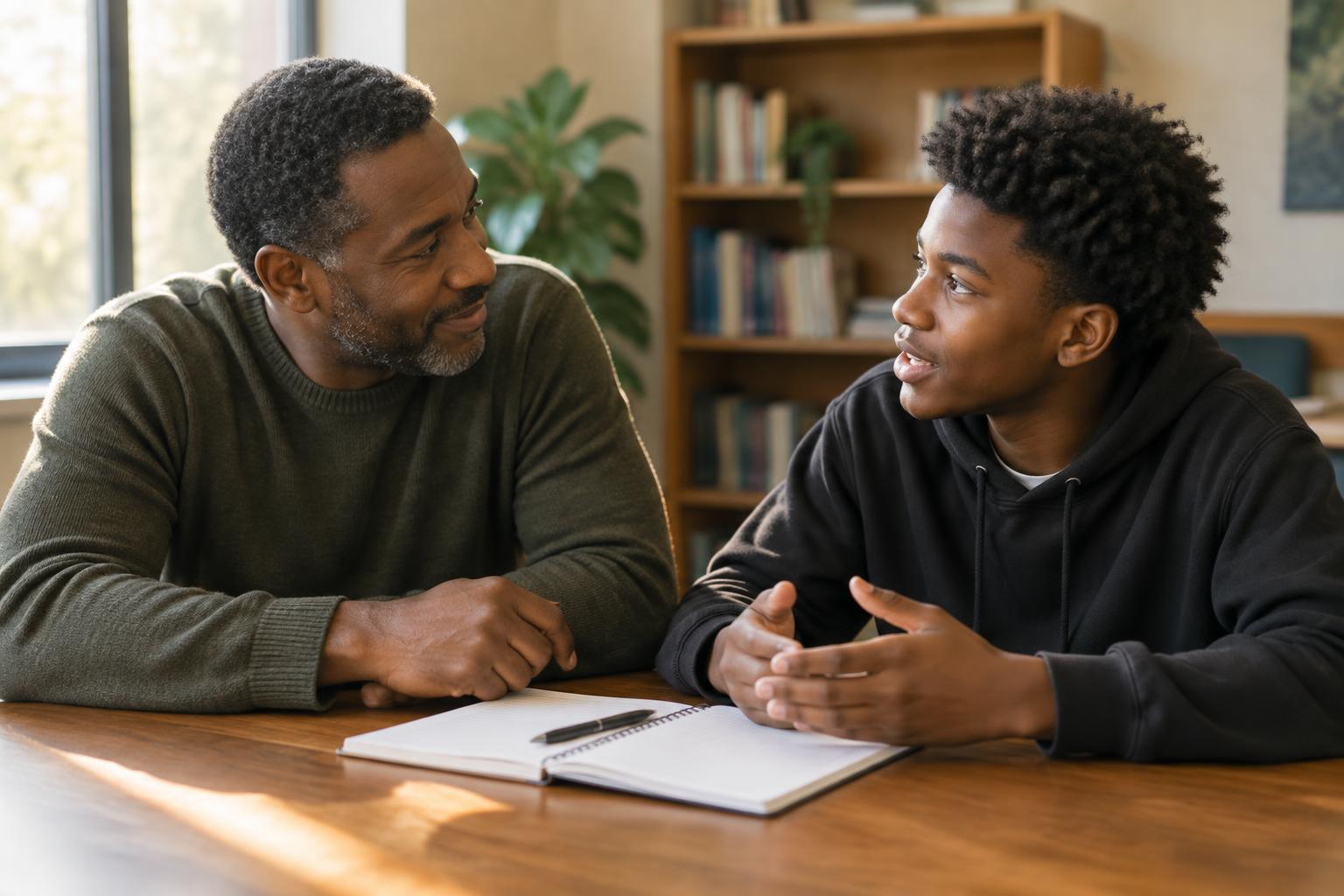 A mentor and a young person in conversation across a table