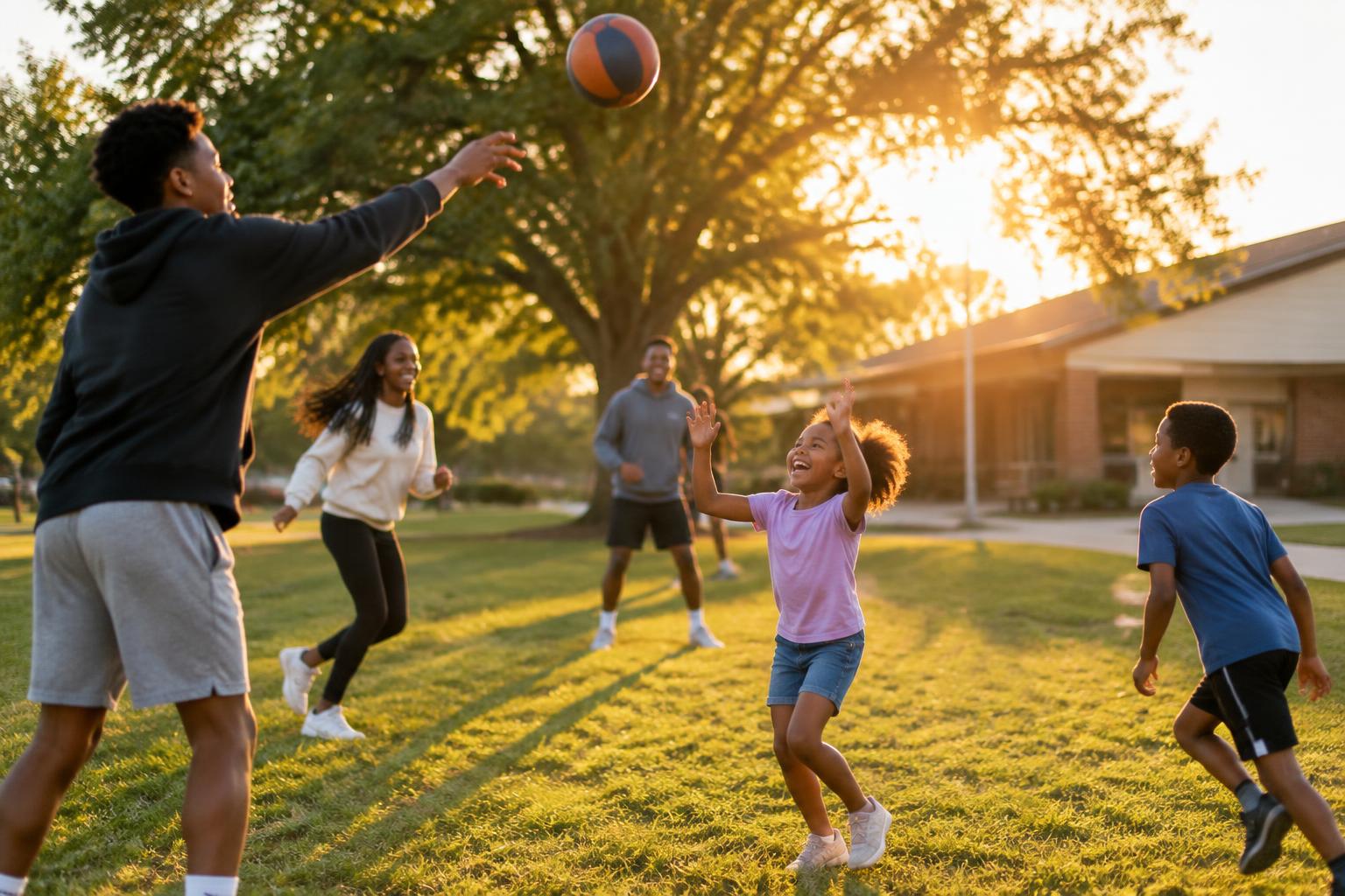 Children and teenagers playing together on a sunlit lawn